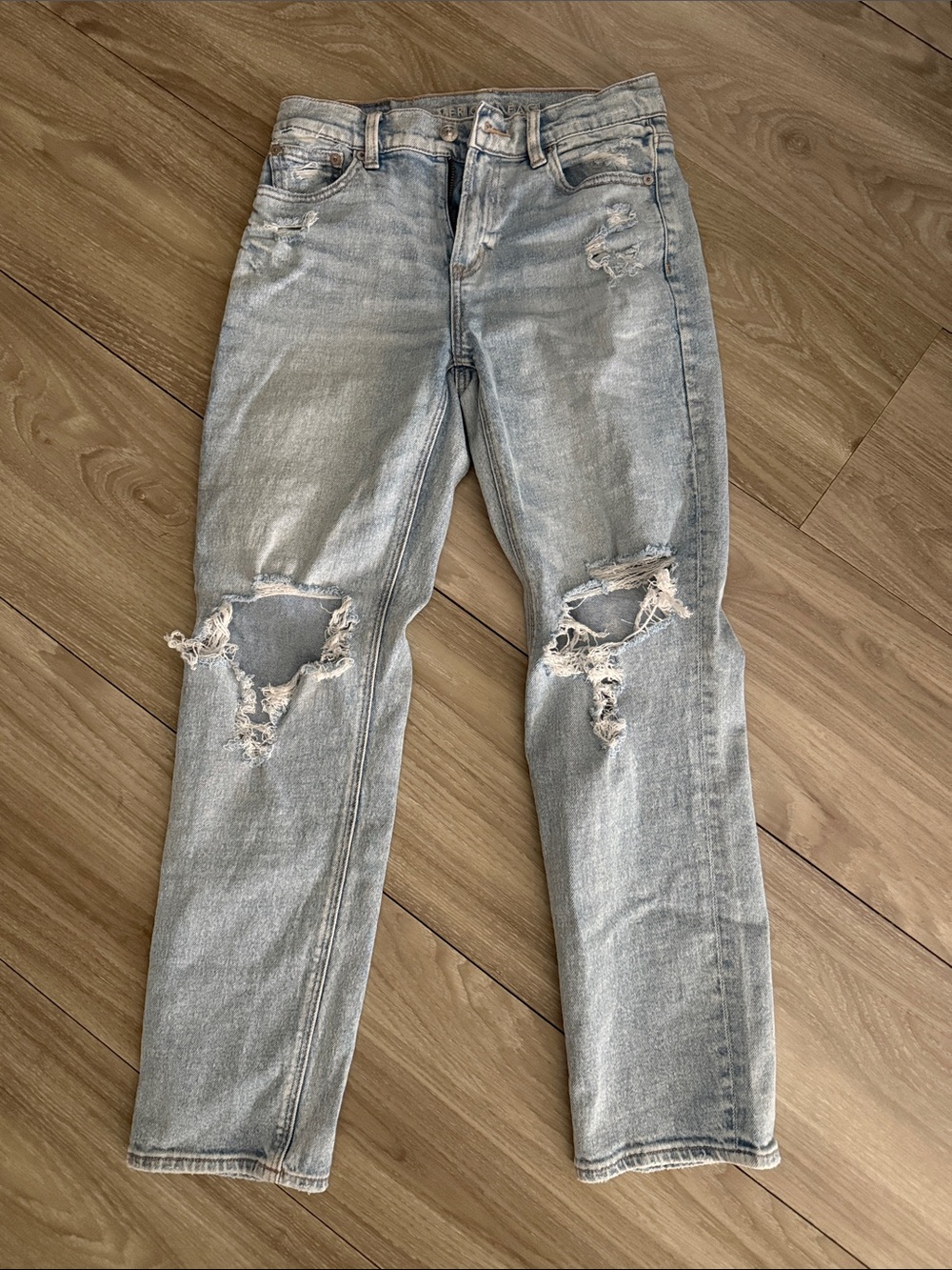 AE super high rise ankle straight ripped denim